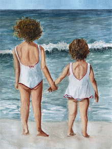 Young sisters at the beach standing in awe at the ocean. (Painitng by Larry Weiss)